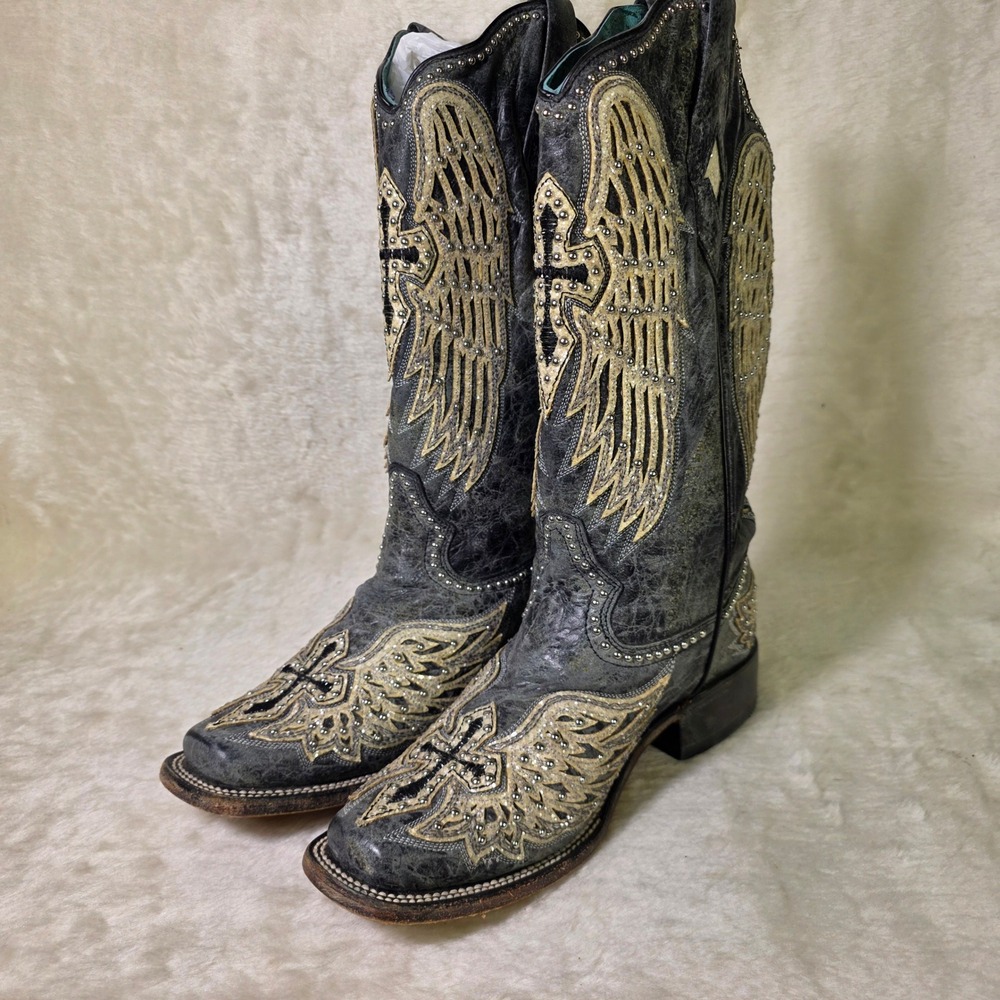 Corral Cowboy Boots Grey Cross Angel Wings Studded Leather Womens 8M Excellent